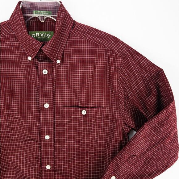 Orvis Shirt Men's Small Long Sleeve Button Down Red White Grid 100% Cotton - Picture 4 of 13